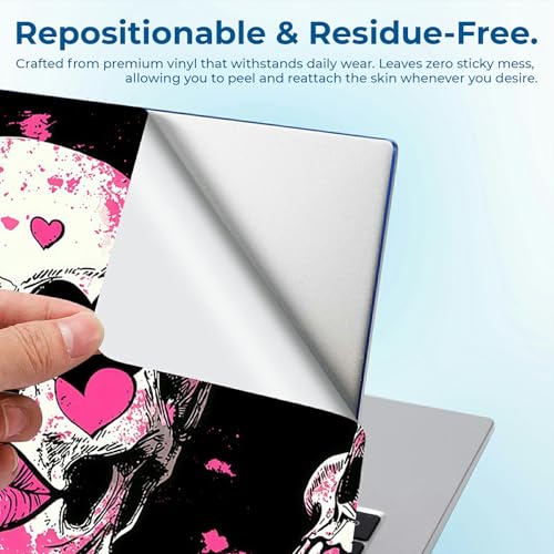 Reusable Universal Laptop Skin Sticker, Cut to Fit for 11.6–15.6 Inch Laptops, Waterproof Protective Film, No-Residue - Pink Hearts Skull - color: Pink Hearts Skull