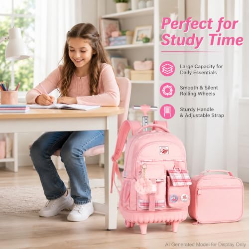 AGSDON Rolling Backpack for Girls, 21" Women Roller Wheels Bookbag, Laptop Wheeled Suitcase School Backpacks with Lunch Bag for Teens - color: Square Pink