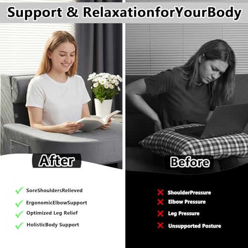 RSN Reading Pillow Set for Bed Sitting, 3 Piece Gaming Pillow-Ergonomic Back/Neck Support with Arms & Pockets, Bed Desk for Adults Laptop and Writing (Gray, OneSize)