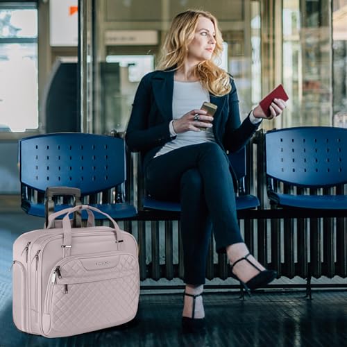 EMPSIGN Rolling Laptop Bag Women with Wheels, Briefcase for Women Fits Up to 15.6 Inch Laptop Briefcase on Wheels, Water-Repellent Overnight Rolling Computer Bag with RFID Pockets, Grey Pink - color: Quilted Grey Pink