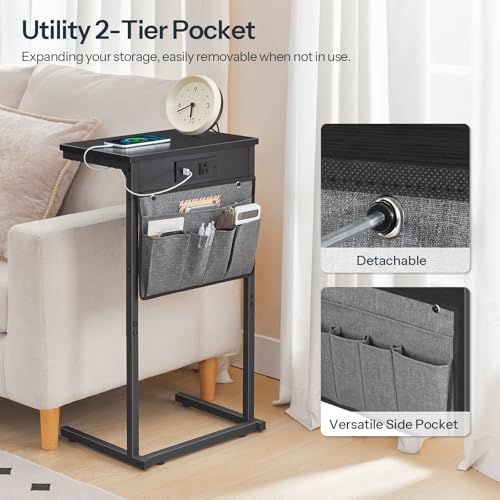 HOOBRO C Shaped End Table with Charging Station, 28" H Couch Side Table Slide Under, Sofa Arm Tray Table with Storage Bag for Living Room, Recliner, Black BB70USF01 - color: Black