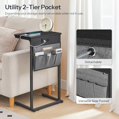 HOOBRO C Shaped End Table with Charging Station, 28" H Couch Side Table Slide Under, Sofa Arm Tray Table with Storage Bag for Living Room, Recliner, Black BB70USF01 - color: Black