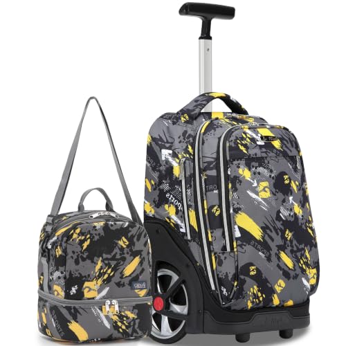 NEW TILAMI 19 Inch Rolling Backpack with Lunch Bag School Stair-Climbing | Stair-Climbing Teen Boys Girls Carry-on Suitcase Large Compartment 15.6 Laptop Sleeve Adjustable Handle Roller Travel Bag - color: Yellow Doodle