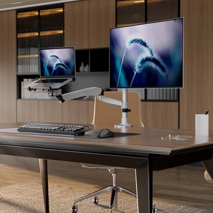 Mount-It! CLiX Monitor & Laptop Desk Mount w/Cooling Fan, Silver | TAA-compliant gas spring arm fits 13-32" monitor + 17" laptop, VESA 75x75/100x100, full motion aluminum, dual-screen ready.