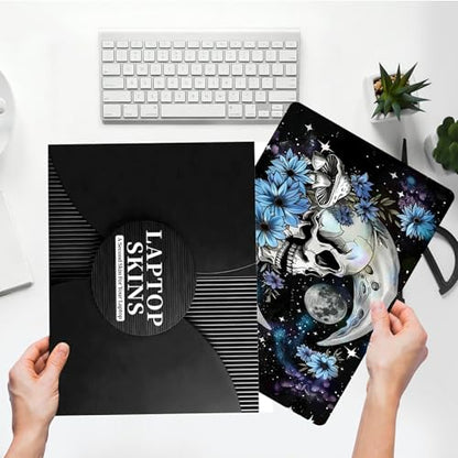 Universal Laptop Skin Sticker with 2 Wrist Pad Skins, Waterproof Scratch Resistant Vinyl Laptop Cover Decal, Cut to Fit for 11–15.6 Inch MacBook HP Dell Lenovo, Blue Daisy Skull Moon - color: Blue Daisy Skull Moon