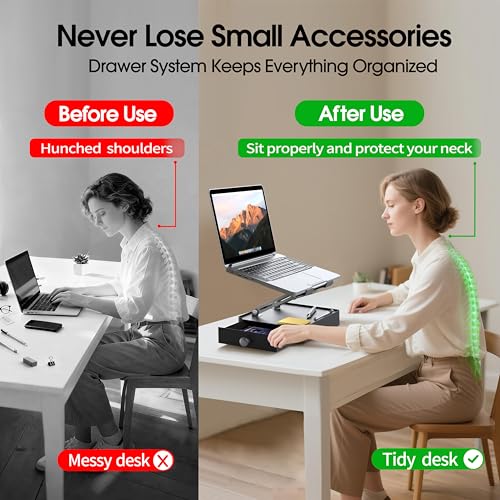 Laptop Stand with Storage Drawer, Heavy-Duty Metal Laptop Riser for Desk, Ergonomic Height & Angle Adjustment for 10–16.2″ Laptops, Gray - color: Gray