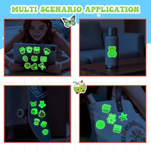 60 Pcs Funny Water Bottle Stickers for Kids Glow in The Dark | Cute Cartoon Laptop Decals, Waterproof Vinyl Sticker for Luggage Scrapbook Skateboard Phone Case DIY - color: Luminescent-492kscp