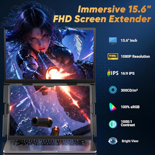 Laptop Screen Extender, 15.6” FHD 1080P Portable Monitor for Laptop, 0.2" Ultra-Thin Display with 100% sRGB, Dual Screen Extender for 13–17” Laptops, Plug & Play for Windows/Mac/Chrome/Android - size: 15.6" Dual Screen Extender