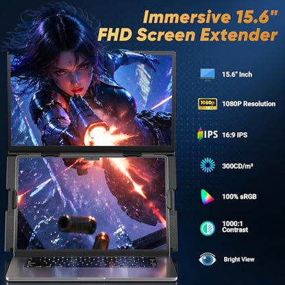Laptop Screen Extender, 15.6” FHD 1080P Portable Monitor for Laptop, 0.2" Ultra-Thin Display with 100% sRGB, Dual Screen Extender for 13–17” Laptops, Plug & Play for Windows/Mac/Chrome/Android - size: 15.6" Dual Screen Extender