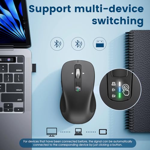 CITLLA Wireless Bluetooth Mouse (USB + BT1 + BT2), Full Size Mouse, 4-Way Scrolling, Multi-Device Silent for Computer, Laptop, iPad, MacBook (Grey) - color: Grey