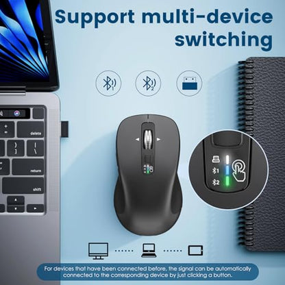 CITLLA Wireless Bluetooth Mouse (USB + BT1 + BT2), Full Size Mouse, 4-Way Scrolling, Multi-Device Silent for Computer, Laptop, iPad, MacBook (Grey) - color: Grey