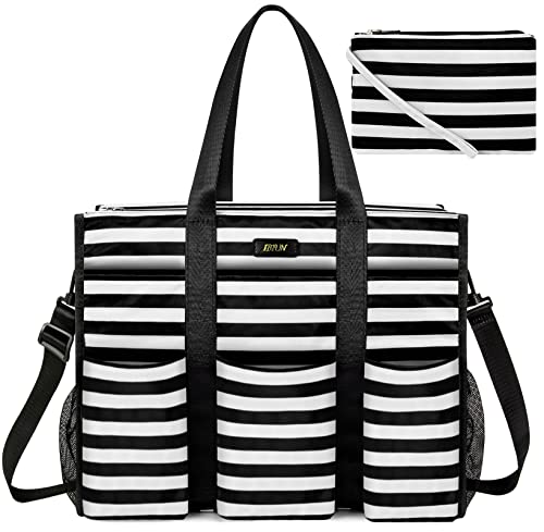 IBFUN Women - Utility Tote Bag with 24 Pockets and Laptop Compartment, Work Tote for Women - color: C8-l-black Stripes, size: Large