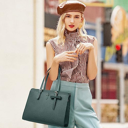 Keyli 4pc Sets Laptop Bag for Women Large Leather Laptop Briefcase with USB Charging Port Computer Shoulder tote Bags Purse - color: Green