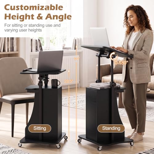 Tangkula Mobile Lectern Podium Set of 2, Height Adjustable Podium Stand, Standing Sit-to-Stand Desk, Rolling Cart Laptop Desk with Swivel Top Movable Wheels & Storage - color: Black, size: 20" x 16" x 44"