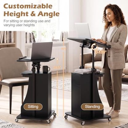 Tangkula Mobile Lectern Podium Set of 2, Height Adjustable Podium Stand, Standing Sit-to-Stand Desk, Rolling Cart Laptop Desk with Swivel Top Movable Wheels & Storage - color: Black, size: 20" x 16" x 44"