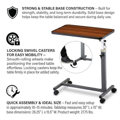 NOVA Overbed Tilt-Top Table with Locking Swivel Wheels, Height Adjustable Bedside Table, 3-Position Tilt Walnut Wood Grain Top, Durable Steel Base, Easy Assembly, Bedside Laptop & Meal Table - style: Tilt Top
