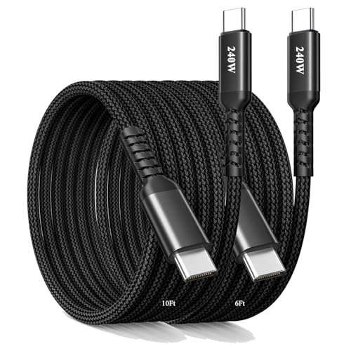 USB C to USB C Cable, 240w Type C Charger Fast Charging for iPhone 17 16 15 Pro Max Plus Air, Braided USB-C Cable for iPad Mini, Laptop Charge Cord for Macbook Neo Chromebook, Samsung S25 Black 6+10Ft