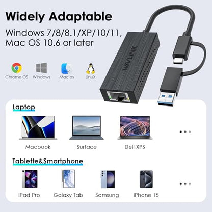 USB C to Ethernet Adapter 2.5G,WAVLINK LAN Adapter,Supports USB Type-A/C | ABS Plastic, lightweight, Compatible with Laptop, MacBook, XPS, iPad Pro, CAT6 cable & USB3.1 Required