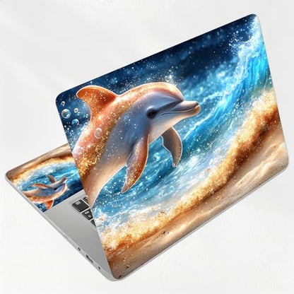 Ocean Wave Dolphin Universal Laptop Skin Sticker 3PCS, Protective Decal Trim-to-Fit 11.6" 13.3" 14" 15.6" Laptop Vinyl Cover, Removable Anti-Scratch Computer Decal Protector - color: Ocean Wave Dolphin