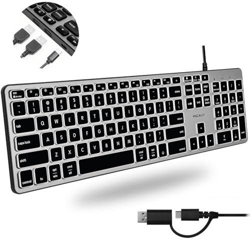 Macally Wired Keyboard for Mac with USB Hub (2X USB-A / 1x USB-C) - Compatible Backlit Apple Keyboard with Dual Interface - Auto OS Detection for Mac, MacBook Pro/Air, iMac, PC, Android, iPad, iOS - color: Space Gray
