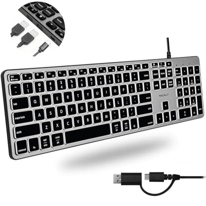 Macally Wired Keyboard for Mac with USB Hub (2X USB-A / 1x USB-C) - Compatible Backlit Apple Keyboard with Dual Interface - Auto OS Detection for Mac, MacBook Pro/Air, iMac, PC, Android, iPad, iOS - color: Space Gray