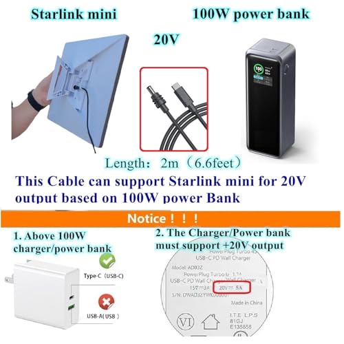 Starlink Mini Power Cord, Work with 100W PD Charger and PD Power Bank for Starlink Mini (16.7ft) - size: 16.7 Feet