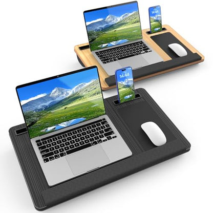 Laptop Lap Desk, Portable Large Laptop Desk for Bed, Up to 17 in Laptop Table with Wrist Rest, Mouse Pad, Tablet Phone Slot, Portable Handle, Laptop Lap Table with Cushion (Black and Light Brown)