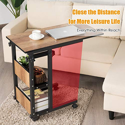 Tangkula Rolling Height Adjustable C Table, Mobile Sofa Side End Table Couch Desk, Sofa Desk Snack Table with Storage Shelves, Bed Side Table for Coffee Laptop Tablet, Wood Look Accent Furniture