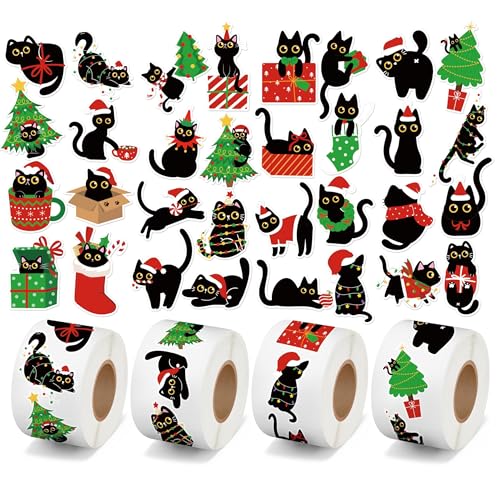 CNhoqc Christmas Black Cat Stickers - 2000 Pcs (4 Rolls) Vibrant Christmas Cat Stickers Santa Hat Tree String Light Waterproof Vinyl Decals Gift Wrapping Laptop Party Supplies Travel Case Skateboards - style: Christmas Black Cat 4-Rolls