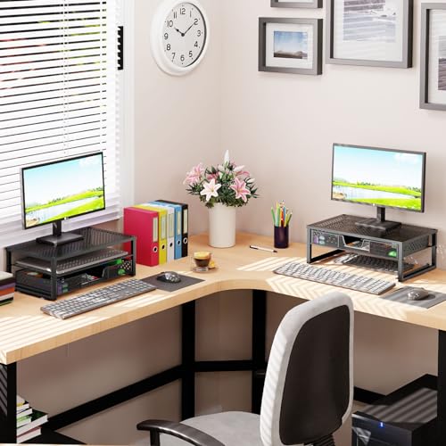 Simple Trending Metal Monitor Stand Riser and Computer Desk Organizer with Drawer for Laptop, Computer, iMac, Black | 16"W x 10"D x 6.25"H. Sturdy Metal Frame. 2-tier + drawer. Holds 66 lbs. Anti-slip. Fits laptop, monitor, iMac. Easy assembly