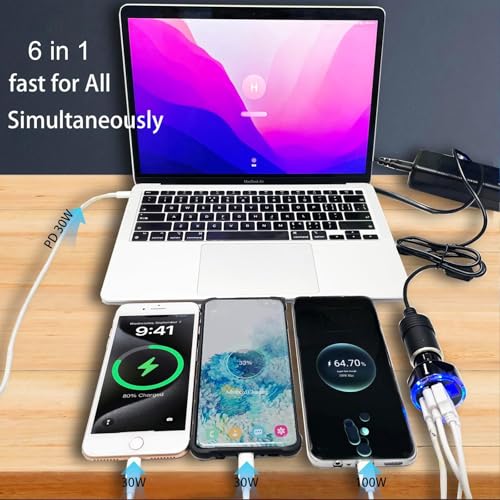 Full PD 30W Multi Port USB C Car Charger Adapter 6 in 1 with Voltage Display, PD4.0/QC4.0/PPS/AFC Super Fast Charging Cigarette Lighter Adapter with Volt Meter for MacBook iPhone Galaxy Android Phones
