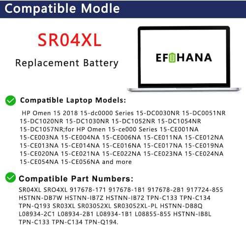 SR04XL SR03XL 917724-855 Laptop Battery for HP Omen 15 15-CE0XX 15-DC0XX Series 15-CE198WM 15-CE015DX Pavilion 15-CB0XX 15-CX0XX 15-CB041NR 15-CX0056WM l08855-855 917678-1B1 70.07Wh 15.4V - size: 10.51×3.50×0.30 in SR04XL