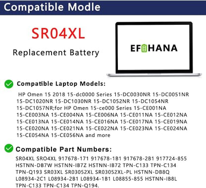 SR04XL SR03XL 917724-855 Laptop Battery for HP Omen 15 15-CE0XX 15-DC0XX Series 15-CE198WM 15-CE015DX Pavilion 15-CB0XX 15-CX0XX 15-CB041NR 15-CX0056WM l08855-855 917678-1B1 70.07Wh 15.4V - size: 10.51×3.50×0.30 in SR04XL