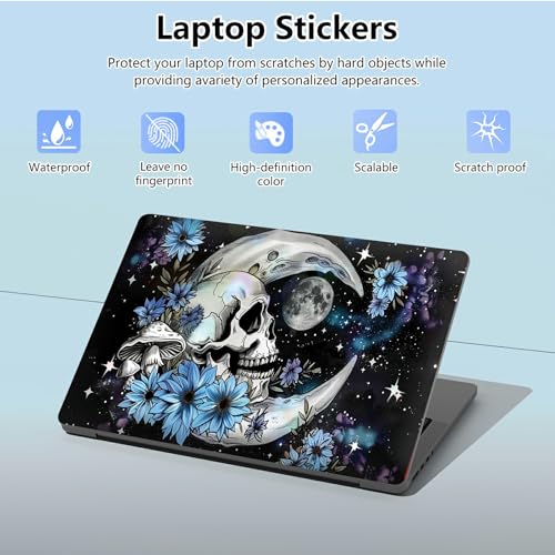 Universal Laptop Skin Sticker with 2 Wrist Pad Skins, Waterproof Scratch Resistant Vinyl Laptop Cover Decal, Cut to Fit for 11–15.6 Inch MacBook HP Dell Lenovo, Blue Daisy Skull Moon - color: Blue Daisy Skull Moon