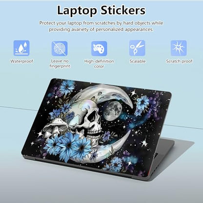 Universal Laptop Skin Sticker with 2 Wrist Pad Skins, Waterproof Scratch Resistant Vinyl Laptop Cover Decal, Cut to Fit for 11–15.6 Inch MacBook HP Dell Lenovo, Blue Daisy Skull Moon - color: Blue Daisy Skull Moon
