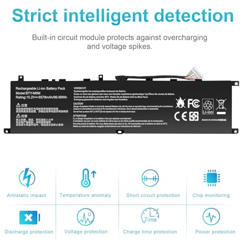 BTY-M6M Battery Replacement for MSI GS66 Stealth 10SD 10SE GE76 Raider 10SF 10SFS 10SGS GE66 Raider 10UE 10UG 10UH 11UE 11UG 11UH WS66 10TK 10TL WE76 11UK 11UM Creator 15 A11UE A11UH A10SD A10SE - size: BTY-M6M