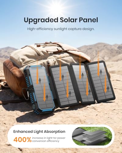 FEELLE Solar Power Bank 50000mAh Magnetic Portable Charger with Hand Crank | Built in 4 Cables & 4 Solar Panels, PD QC 3.0 Fast Charging Battery Pack, Flashlight for Outdoor, Charge 6 Devices at Once - color: Blue