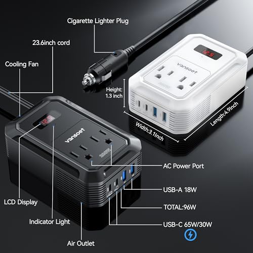 200W Car Power Inverter DC 12V to 110V AC Inverter with PD 65W/30W USB C & 2 QC 18W USB Ports & 2 AC Outlets,Car Pluɡ Adapter Outlet for Laptop/Phone/Road Trip - color: White