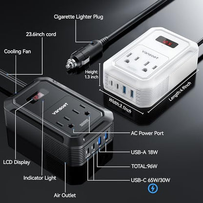 200W Car Power Inverter DC 12V to 110V AC Inverter with PD 65W/30W USB C & 2 QC 18W USB Ports & 2 AC Outlets,Car Pluɡ Adapter Outlet for Laptop/Phone/Road Trip - color: White