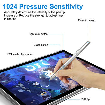 MPP Pen for HP Omnibook X Flip/Envy/Spectre/Pavilion x360 300 Day Battery | Palm rejection, 1024 pressure levels, tilt detection, 2 shortcut buttons, perfect for notes and professional drawing - color: platinum