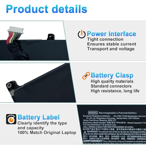 MN06XL Laptop Battery Replacement for Hp ZBook Studio G9 62U44EA 6W3L4PA 734Y9PA 62U27EA 62U49EA Series Laptop M82220-1C1 M82230-005 MN06XL TPN-IB0M Battery 11.58V 86Wh 7130mAh - size: 11.78*4.09*0.32inch MN06XL