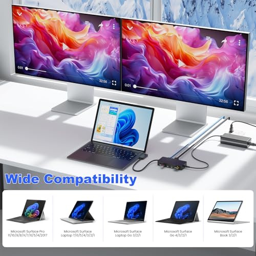 Surface Docking Station with Power Adapter, 11-in-1 Surface Dock, Dual Monitor 4K HDMI & VGA, Ethernet, USB Hub, SD/TF Card Reader for Surface Pro/Laptop/Book (HDMI + VGA)