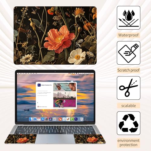 Laptop Skin Sticker 3-Piece Set,Garden with Flowers and Insects | Trim-to-fit 3-piece vinyl set with one 15 x 10.6 in lid skin and two palm-rest decals for many 12-15.6 in laptops - color: Garden With Flowers And Insects