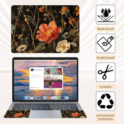 Laptop Skin Sticker 3-Piece Set,Garden with Flowers and Insects | Trim-to-fit 3-piece vinyl set with one 15 x 10.6 in lid skin and two palm-rest decals for many 12-15.6 in laptops - color: Garden With Flowers And Insects