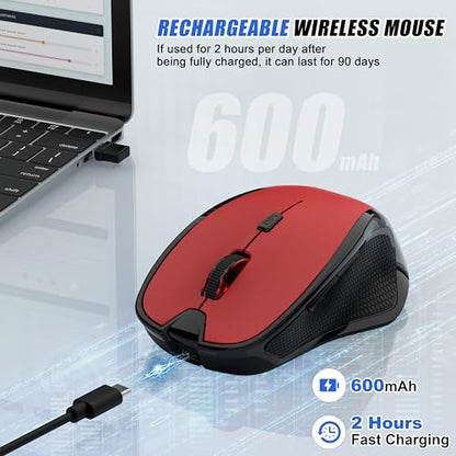 Bluetooth Wireless Mouse, 2.4G Ergonomic Rechargeable Computer Mouse for MacBook Air iPad Pro PC with Jiggler Mode, 3 DPI Levels & Forward/Back Buttons Laptop Mice for Office/Home/School - Red - color: Bluetooth Wireless Mouse (Red)