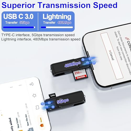USB C Lightning SD Card Reader for iPhone 15 iPad Mac - 2 in 1 Micro SD/SD Card Adapter(Read Two Cards simultaneously), Portable Digital Camera Adapter Memory Card Reader, Plug and Play