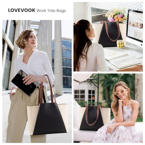 LOVEVOOK Laptop Tote for Women - 15.6 Inch Faux Leather Laptop Bag with Clutch, Large Capacity Office Purse Computer - color: Beige & Black, size: 15.6 inch