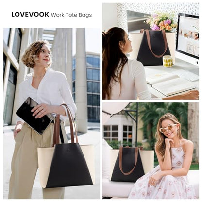 LOVEVOOK Laptop Tote for Women - 15.6 Inch Faux Leather Laptop Bag with Clutch, Large Capacity Office Purse Computer - color: Beige & Black, size: 15.6 inch