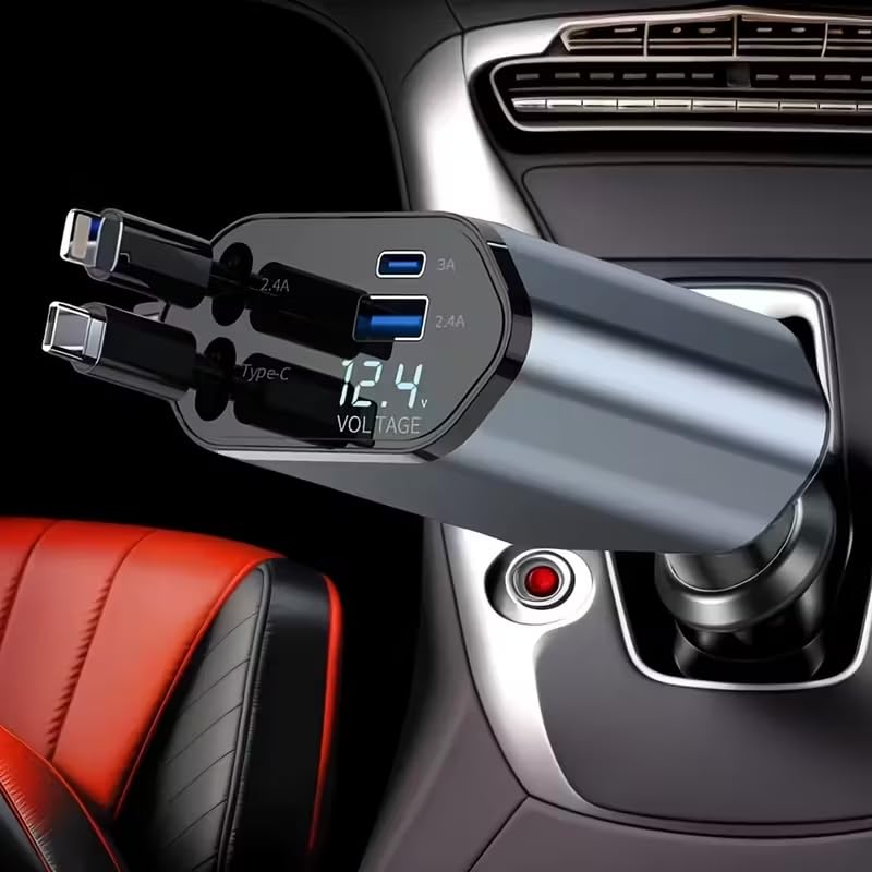 1Pc 120W 4-in-1 Telescopic Car Charger with 180° Rotating Base, 2.6 Feet (79.25Cm) Multi-Protocol Transmission Cable (PD, QC3.0), USB Type-C, Fast Charging Adapter Compatible with iPhone and Andorid