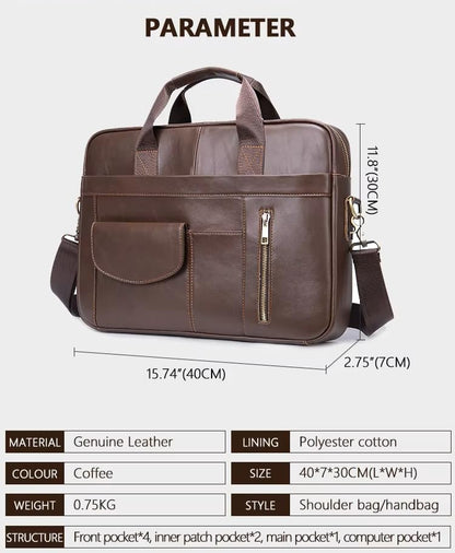 Genuine Leather Business Briefcase Laptop Handbag, Crossbody, Premium Quality, Spacious Design, Versatile Carrying Options - color: Brown